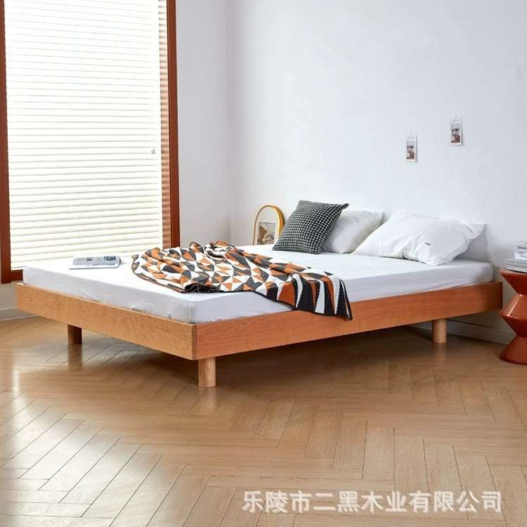 二黑木业无头床北欧实木床樱桃木隐藏悬浮床脚双人床大小可