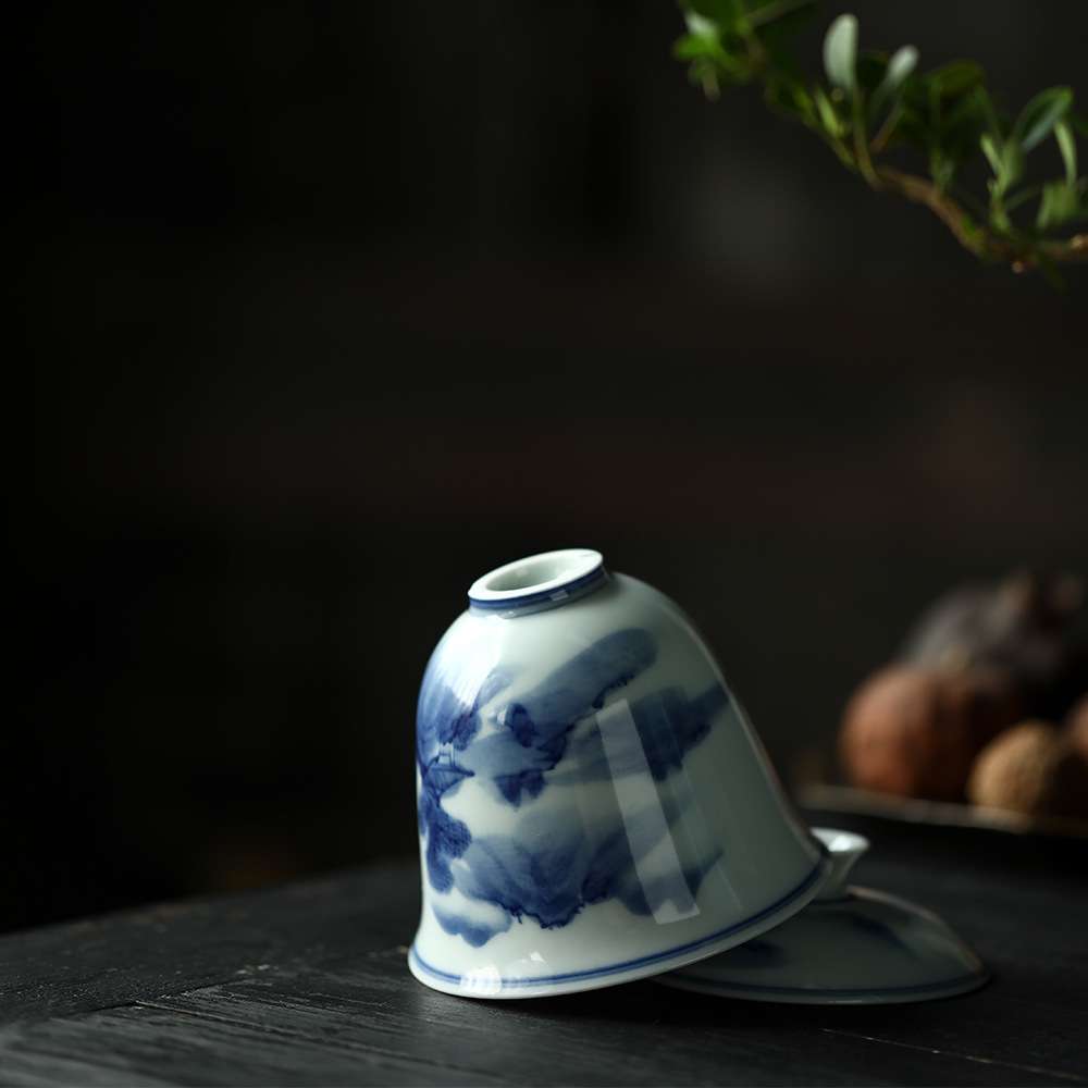 柴窑仿古青花山水盖碗内外手绘盖杯单个迷你小号不烫手寒窑泡茶碗
