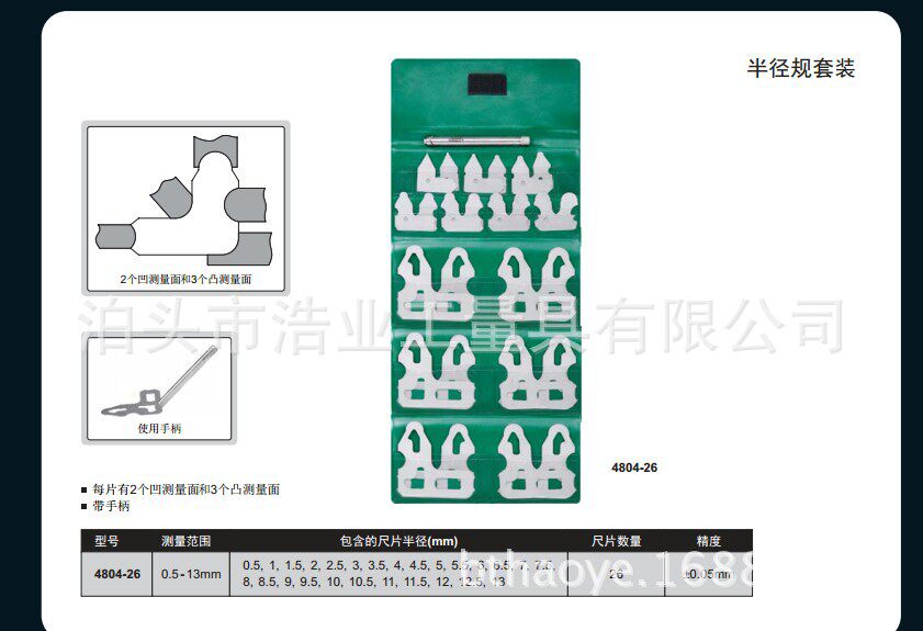 半径规套装带手柄R0.5-1326片每片2个凹3个凸测量面对弧样板