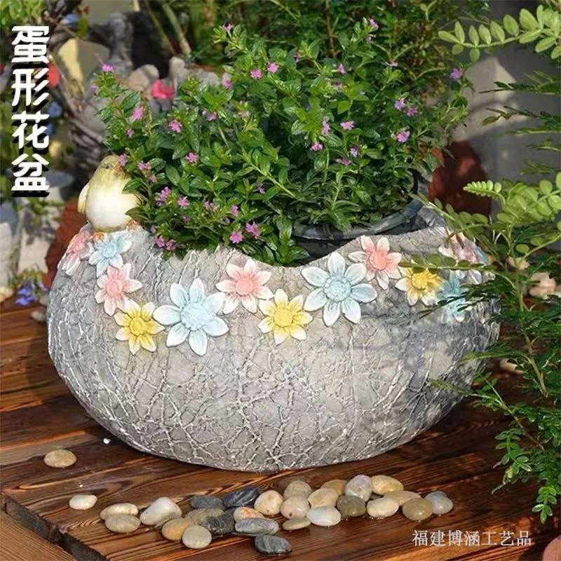 新品树脂蛋壳花盆户外花园庭院创意装饰种花工艺摆件景观布置手工