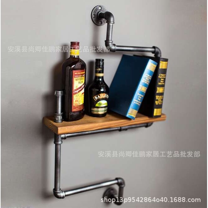 美式复古铁艺水管置物架工业风书架实木隔板墙上置物架层架