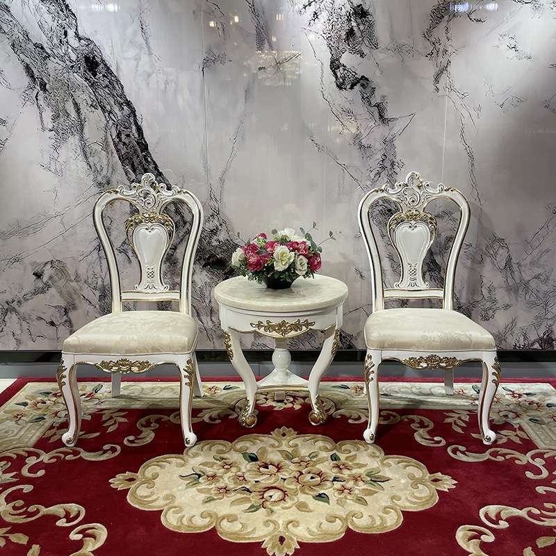 法式实木休闲椅 欧式餐椅布艺坐垫靠背椅子时尚雕花餐桌椅家用