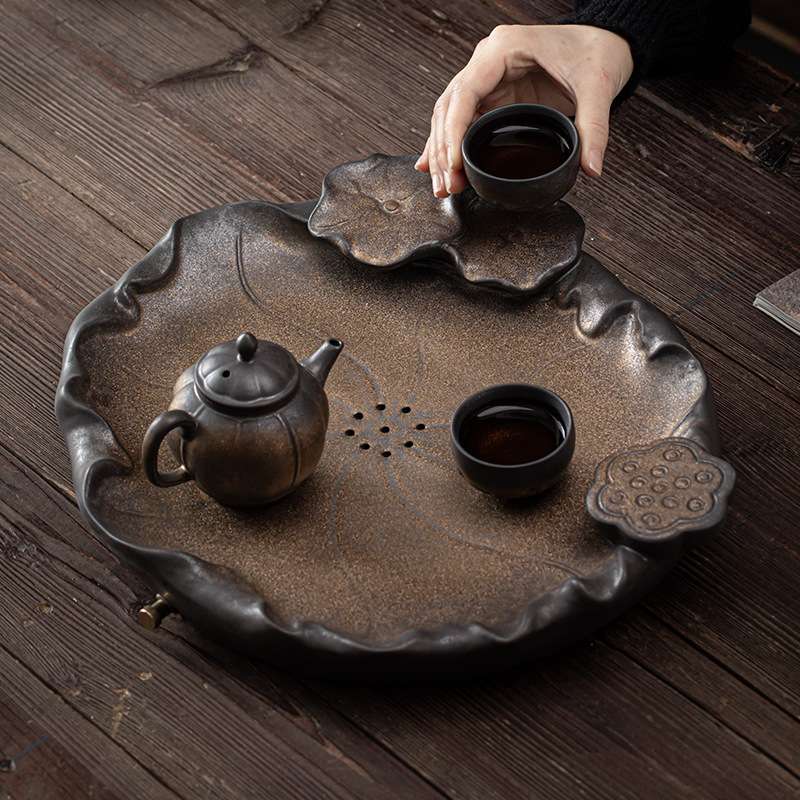日式鎏金铁釉清荷莲香茶盘 陶瓷蓄水储水排水双用干泡盘茶台茶托