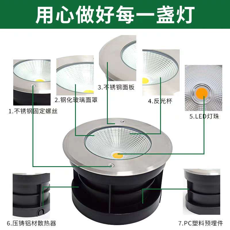 COB嵌入式地埋灯 圆形埋地灯过道景观庭院灯草坪不锈钢防水地脚灯