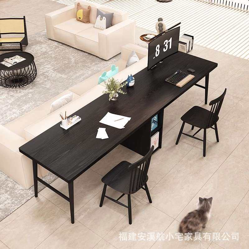 黑色沙发后长条桌双人电脑桌3米超长原木作业桌意式轻奢简约书桌