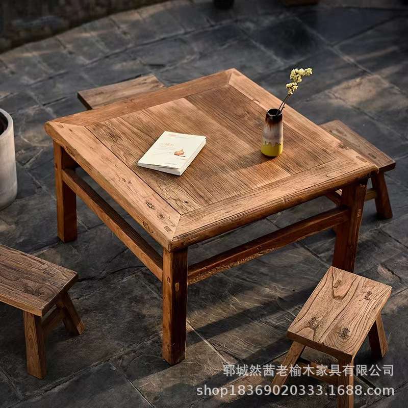 老榆木火锅桌实木方形餐桌民谣酒馆桌椅烧烤店麻辣烫餐桌八仙桌
