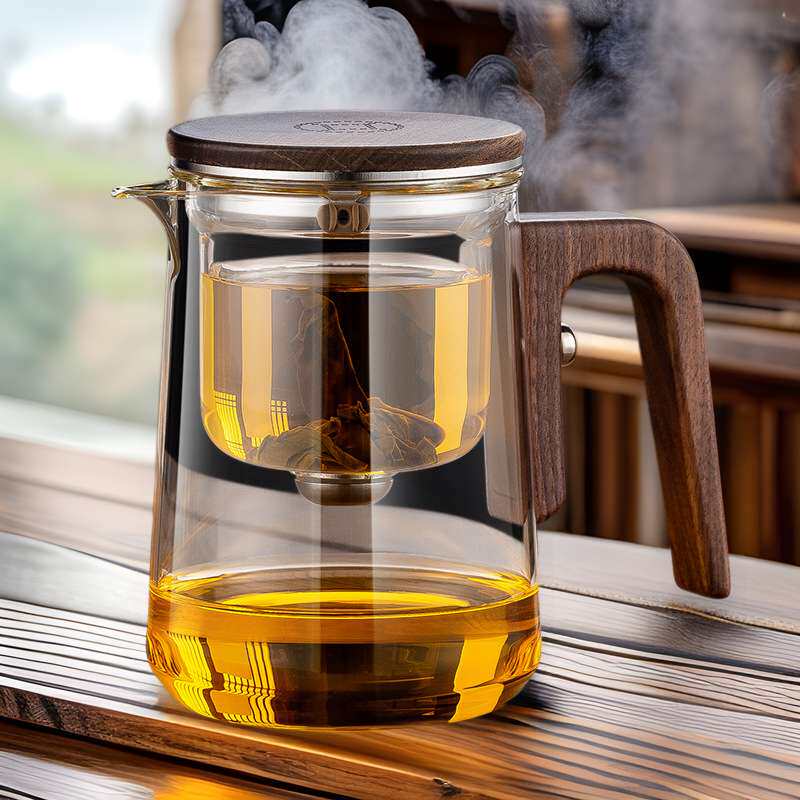 飘逸杯泡茶壶全玻璃内胆磁吸一键过滤家用茶具套装胡桃木把泡茶杯