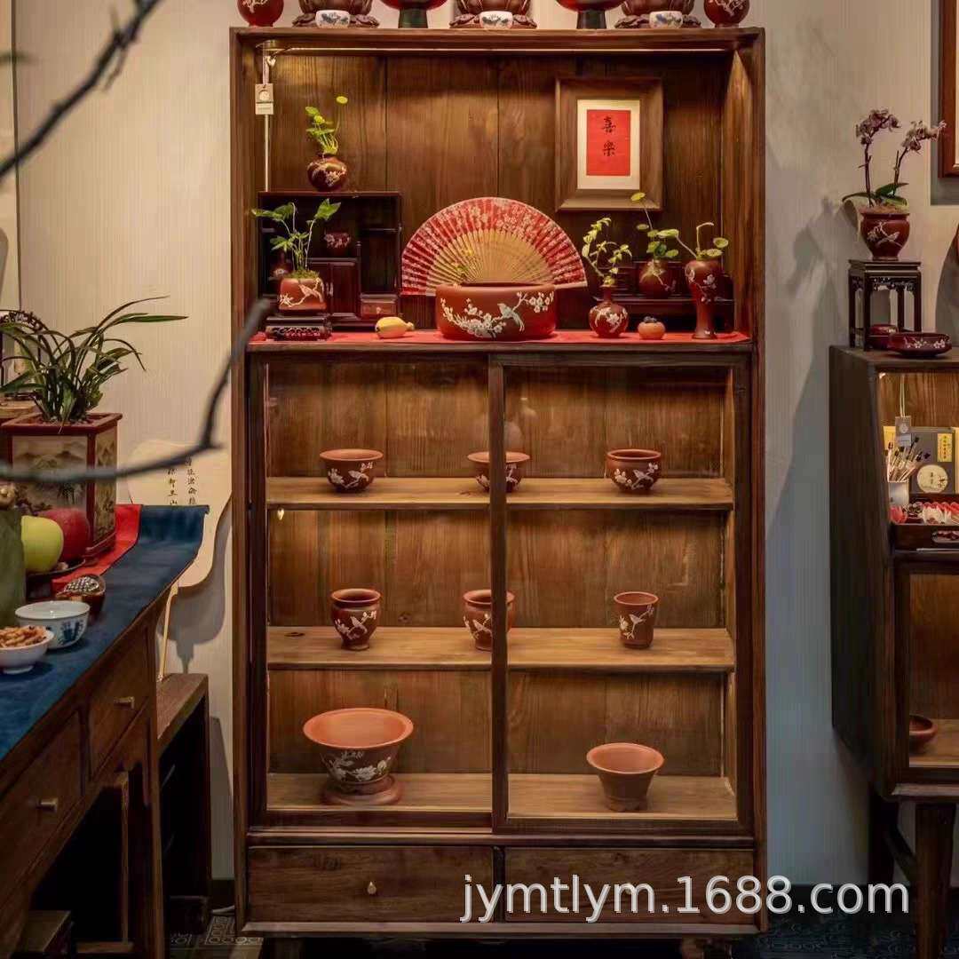 新中式老榆木酒柜展示柜储物柜简约餐边柜陈列柜多功能柜子