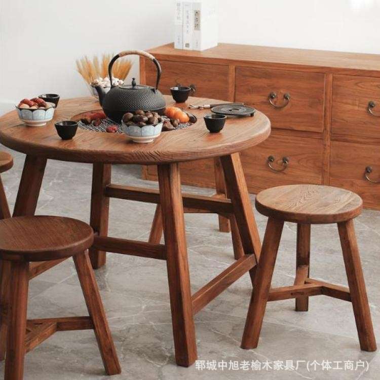 新中式老榆木火锅桌实木圆形户外野餐烧烤桌便捷围炉煮茶桌小炕桌