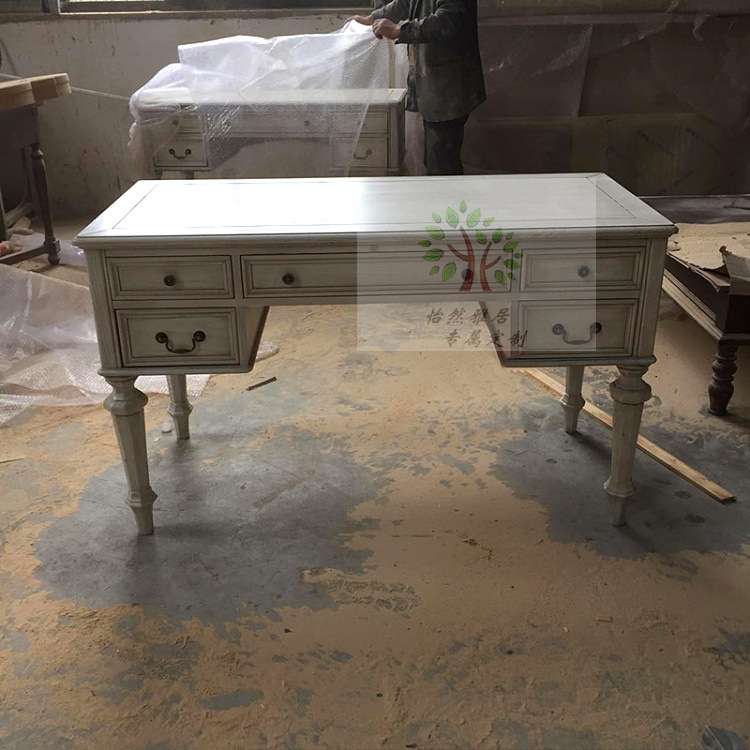 美式复古橡木白色做旧书桌欧式实木办公桌 电脑桌 法式简约写字台