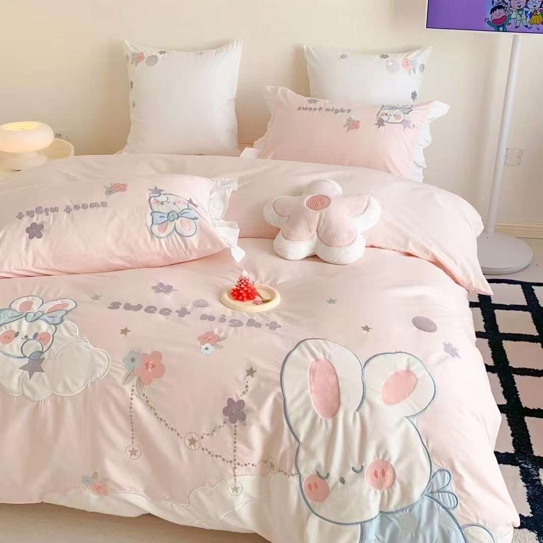 小清新纯棉水洗棉四件套全棉床单少女公主风被套儿童床上用小兔