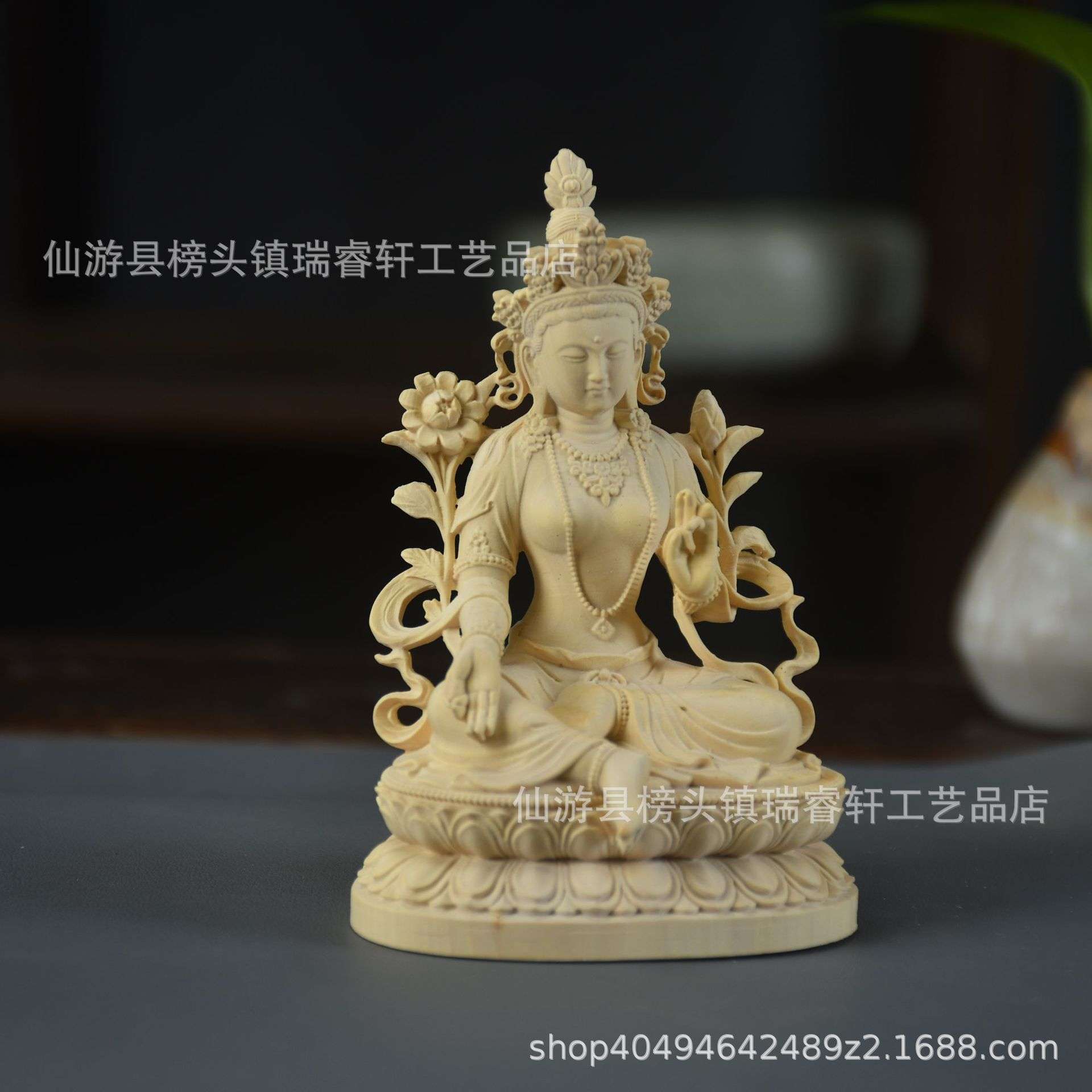 黄杨木雕家居神像摆件崖柏绿度母白度母藏佛实木中控台财神工艺品