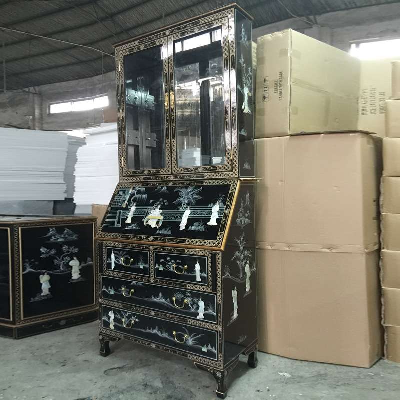 至高美玻璃书柜亮光烤漆展示柜螺钿工艺贝壳仕女彩绘家具博古柜子