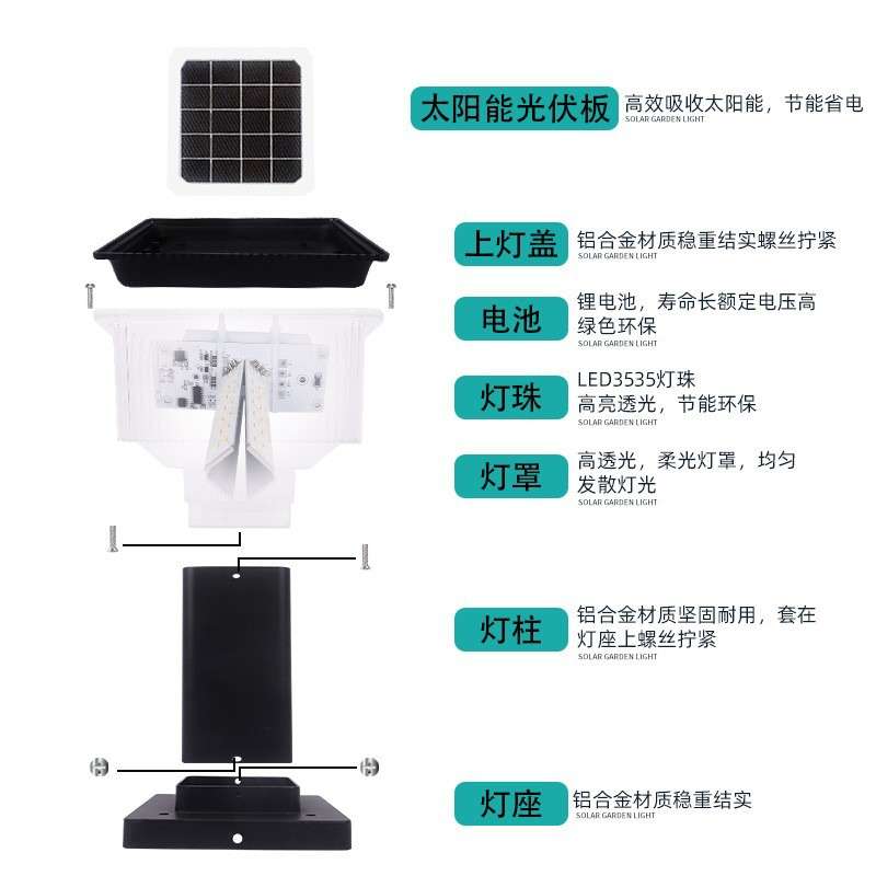 成品加工户外太阳能草坪灯外壳方形柱头灯超亮压铸铝庭院花园灯外