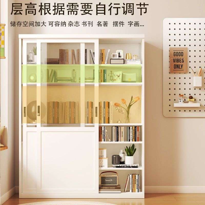 家用玻璃门书柜推拉门展示柜移门铁艺收纳储物柜钢制带锁落地书架