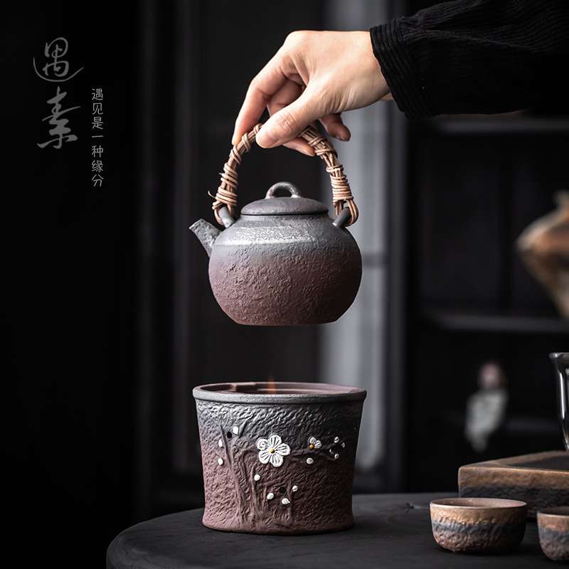 酒精炉煮茶壶套装家用煮茶器粗陶提梁壶蜡烛加热底座酒精灯烧水壶