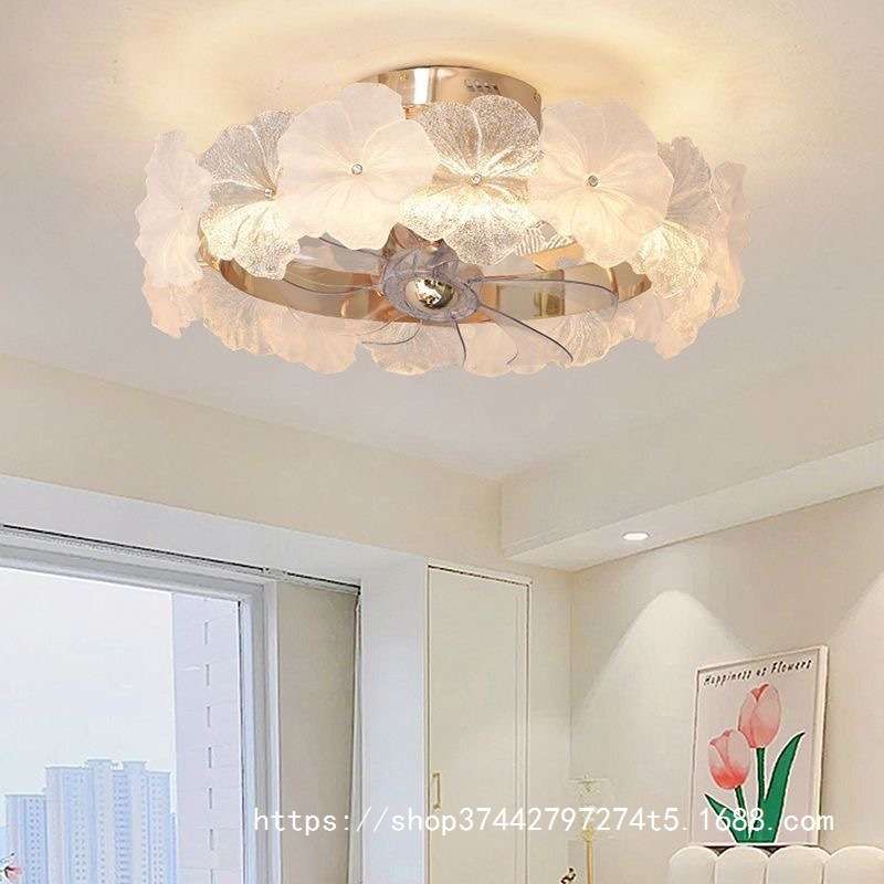 花瓣水晶卧室吊扇灯创意玻璃风扇吸顶灯摇头灯扇一体主卧风扇吊灯图片