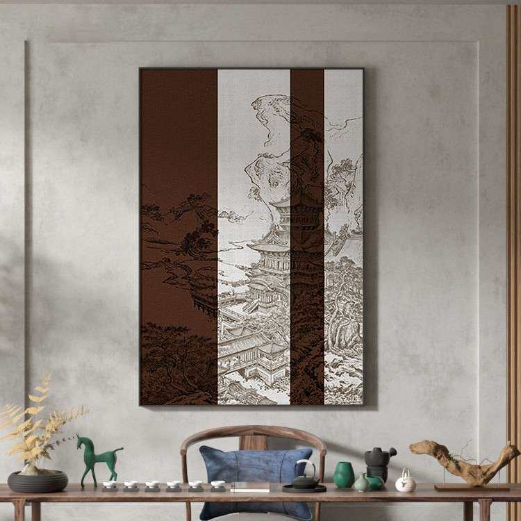 现代轻奢新中式客厅玄关装饰画红色楼阁壁画酒店餐厅墙面竖版挂画
