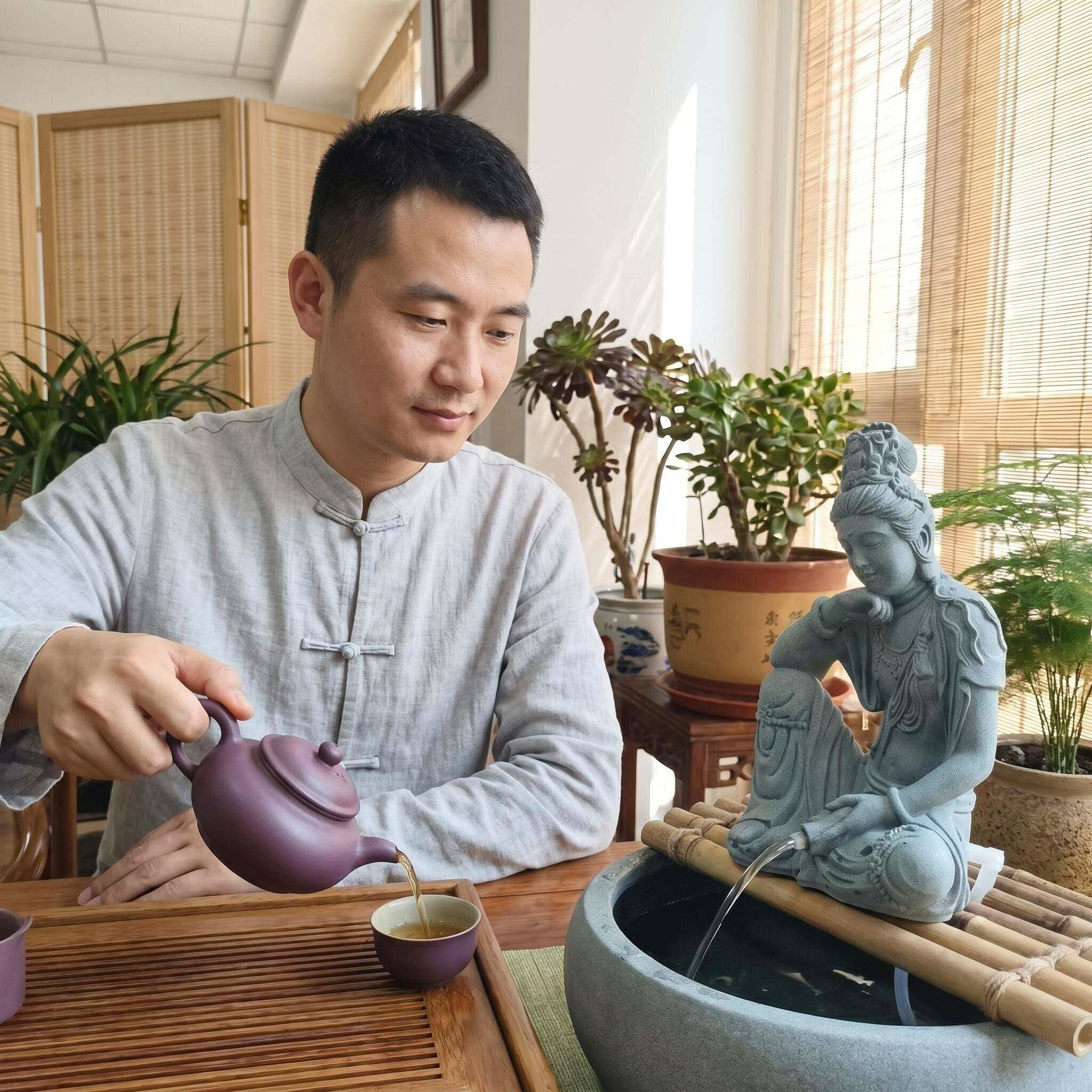 溥畔年 青砂石水月观音流水喷泉摆件佛像家居客厅书房茶桌鱼缸创