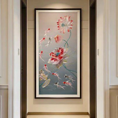 溥畔年 235九鱼荷花图现代装饰画玄关走廊尽头客厅新中式刺绣挂画