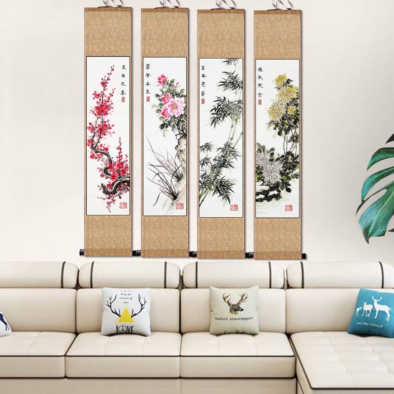 溥畔年 细长四条屏名家花鸟山水字画壁画春夏秋冬酒店壁画四大美