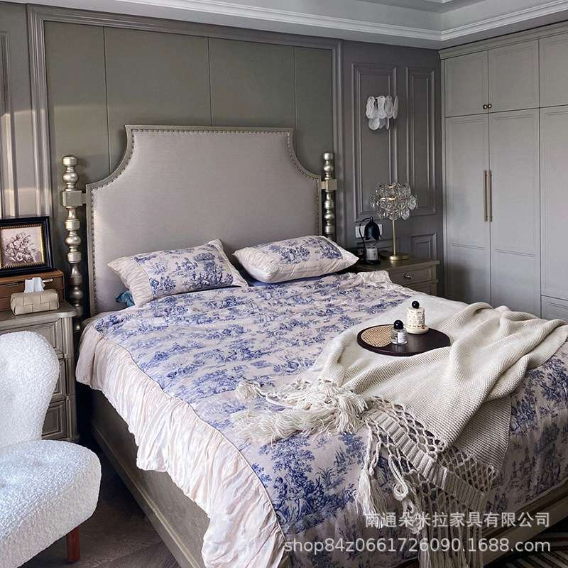 美式乡村莫里印象高端时尚实木大床主卧卧室轻奢做旧高背公主婚床