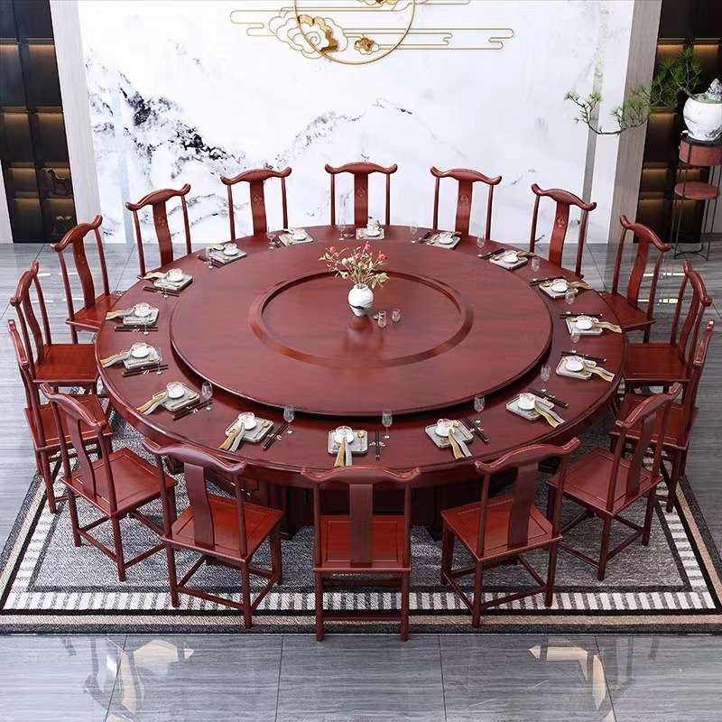 新中式酒店实木餐桌椅组合2.4米2.8米电动餐桌饭店家用20人大圆桌