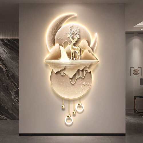 发财鹿进门玄关装饰画过道走廊入户正对门轻奢玄幻灯画客厅发光画