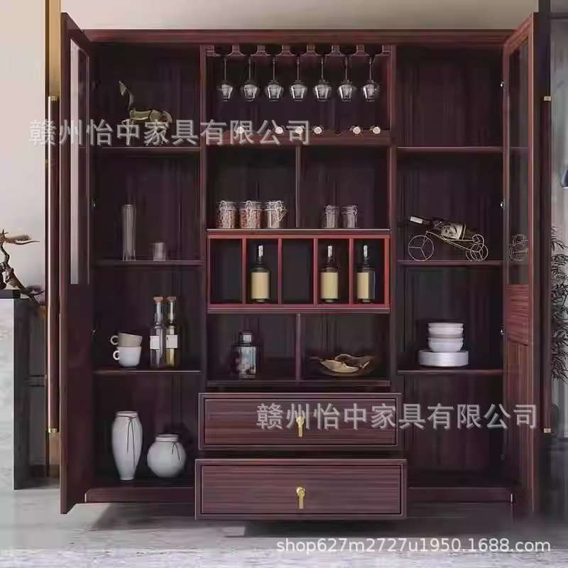 乌金木酒柜餐边柜一体靠墙展示柜客厅储物柜红酒洋新中式实木酒柜