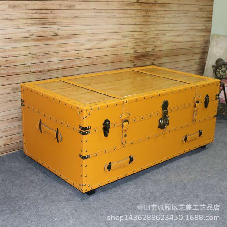 欧式黄色开盖带抽简约复古做旧茶几欧式皮大箱子酒吧漫咖啡桌