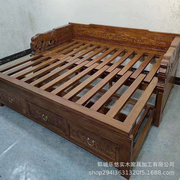 推拉罗汉床实木老榆木新中式仿古客中式榫卯抽拉伸缩沙发床罗汉图片