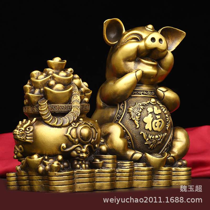 纯铜猪摆件聚宝盆猪金钱猪铜葫芦猪聚财元宝猪铜如意猪工艺品