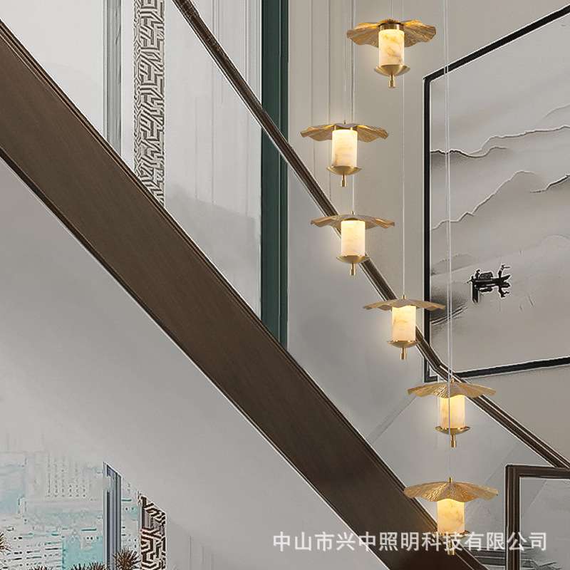 新中式全铜云石灯别墅复式楼挑高大厅灯中国风创意旋转楼梯长吊灯