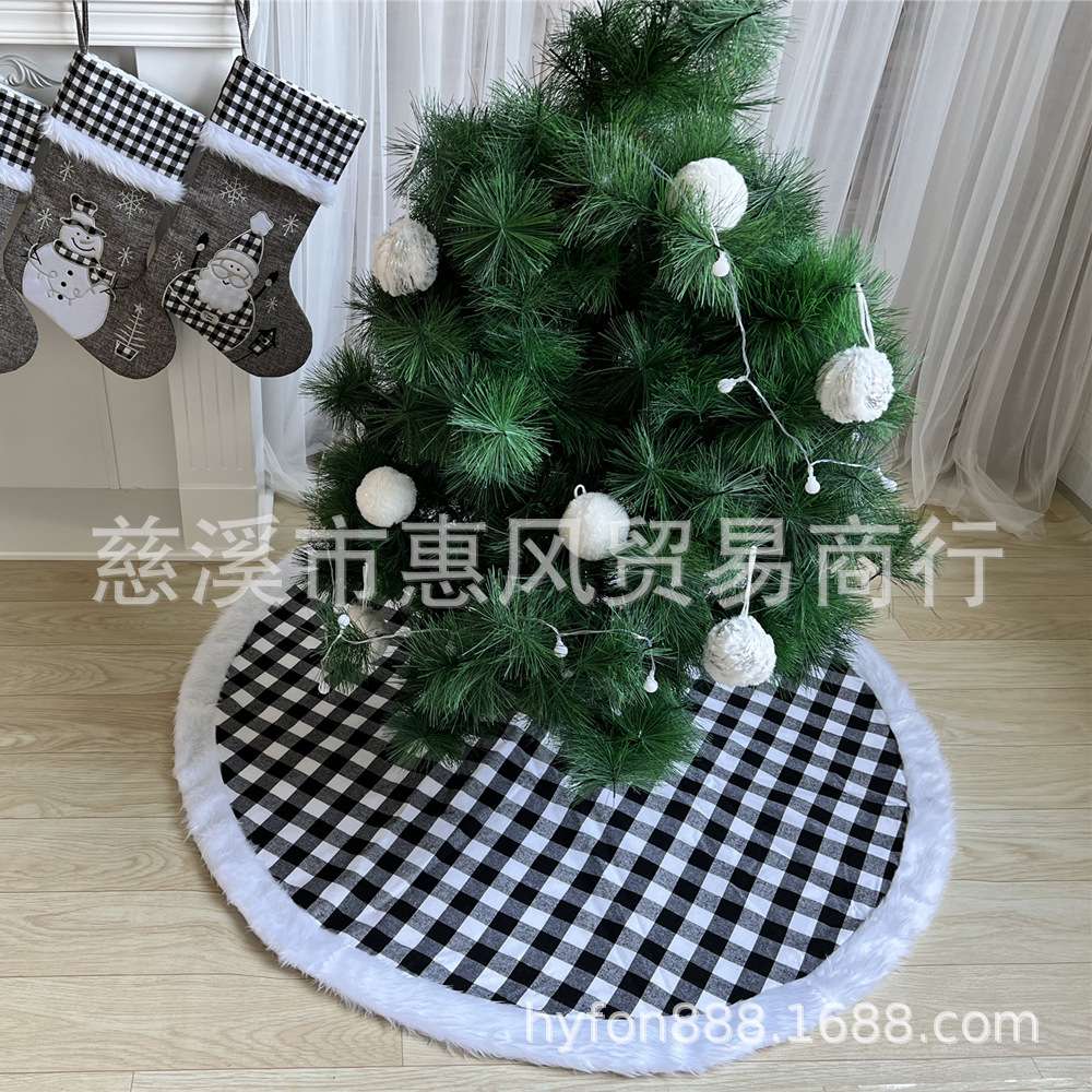 跨境新品圣诞树裙黑白格纹小毛边圣诞装饰垫圣诞树装饰品地毯垫