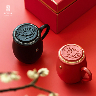 台湾陆宝旗舰店岁岁年丰盖杯茶水分离杯办公水杯富贵红泡茶陶瓷杯