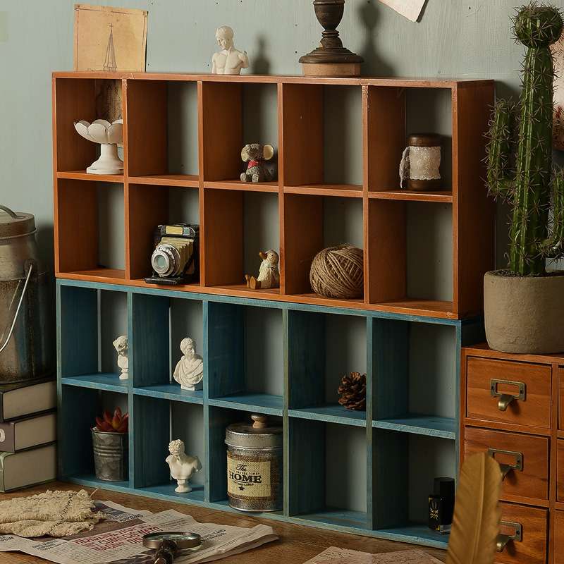 zakka实用做旧木盒木质摆件12格化妆首饰收纳盒客厅走廊墙壁装饰