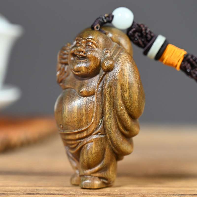 绿檀木雕刻布袋弥勒木质文玩手把件钥匙扣汽车内饰挂件工艺品