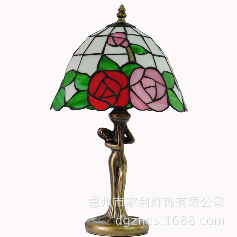 厂家直供彩色玻璃台灯别墅装饰台灯灯具浪漫粉红玫瑰台灯婚庆版