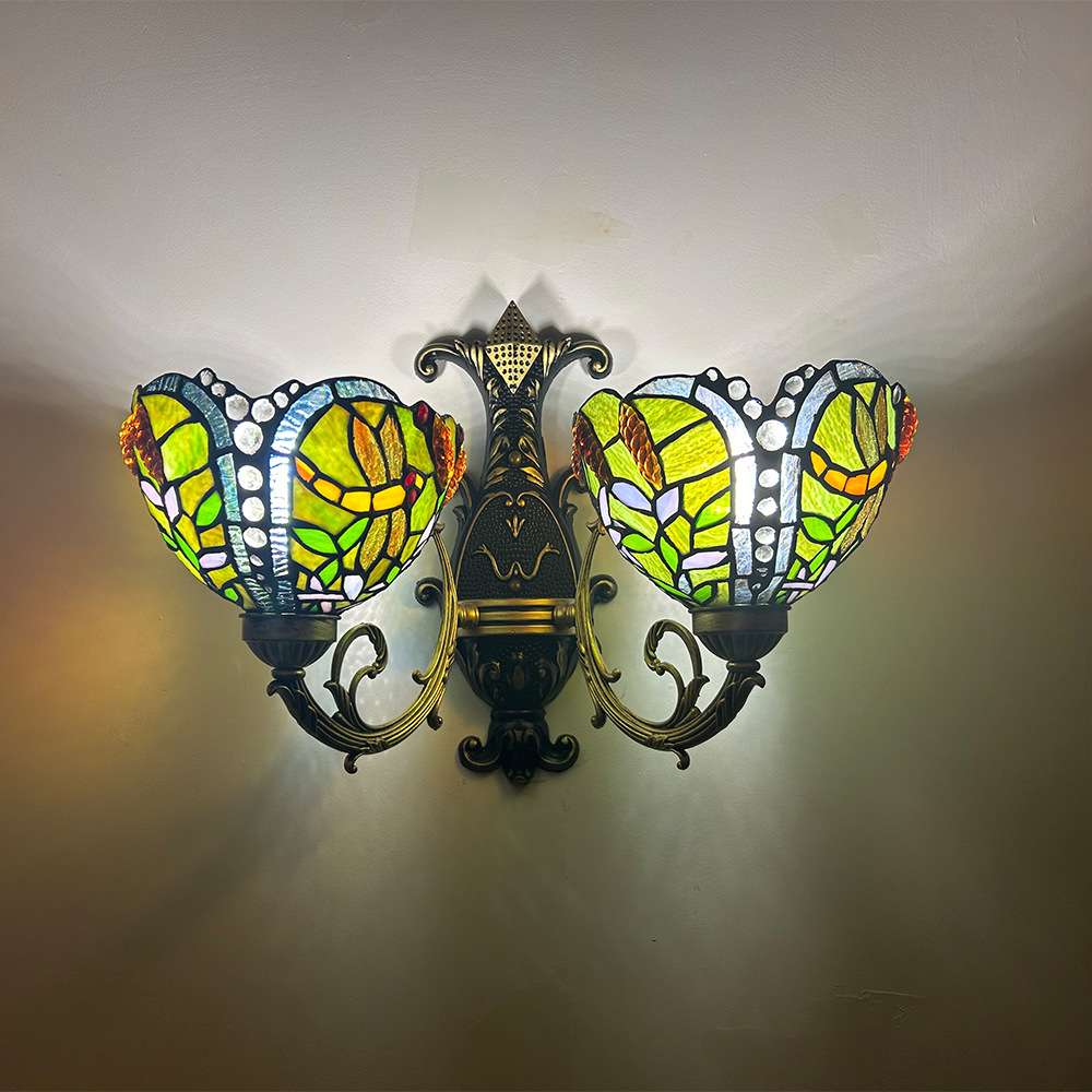 蒂凡尼欧式复古双头玫瑰客厅装饰酒店咖啡店壁灯跨境供货玻璃灯具