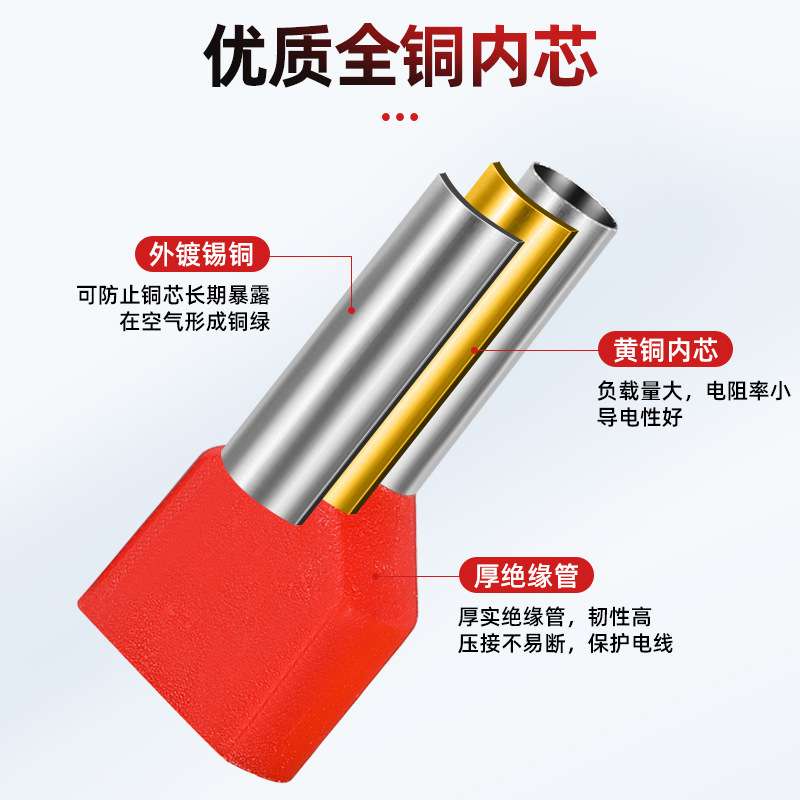 TE双线管型预绝缘端子欧式针型管状并线冷压接线端针形压线铜管子