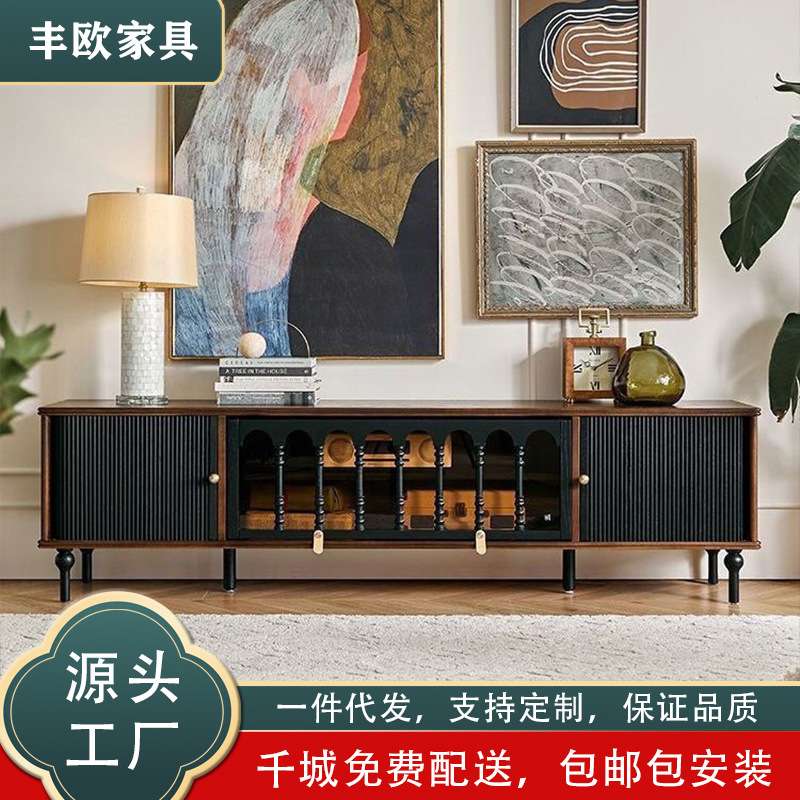 新款中古风实木电视柜组合黑色美式复古小户型客厅储物柜卷帘地柜