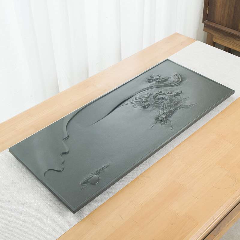 天然绿松石头茶盘整块雕刻家用简约客厅乌金石茶台现代浮雕龙中式