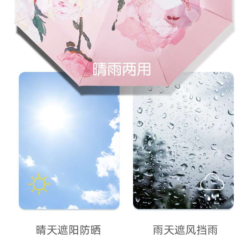 内层印花晴雨两用折叠伞玻纤伞骨抗风抗UV双层黑胶伞遮阳伞雨伞