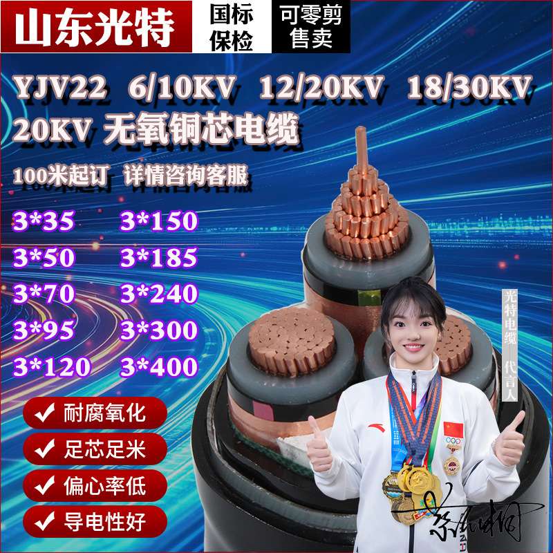 YJV22铜芯高压10KV电缆线3芯70 95 120 150 185 300平方8.7/35kv