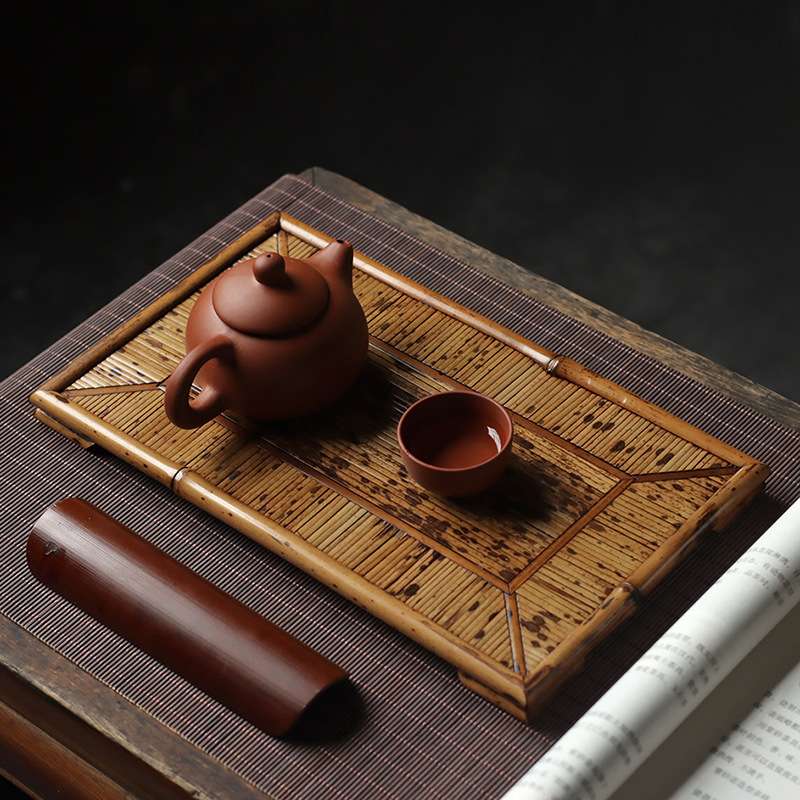 新款梅鹿竹制藤席面托盘长方形茶道茶具配件干泡台奉茶盘杯垫壶承