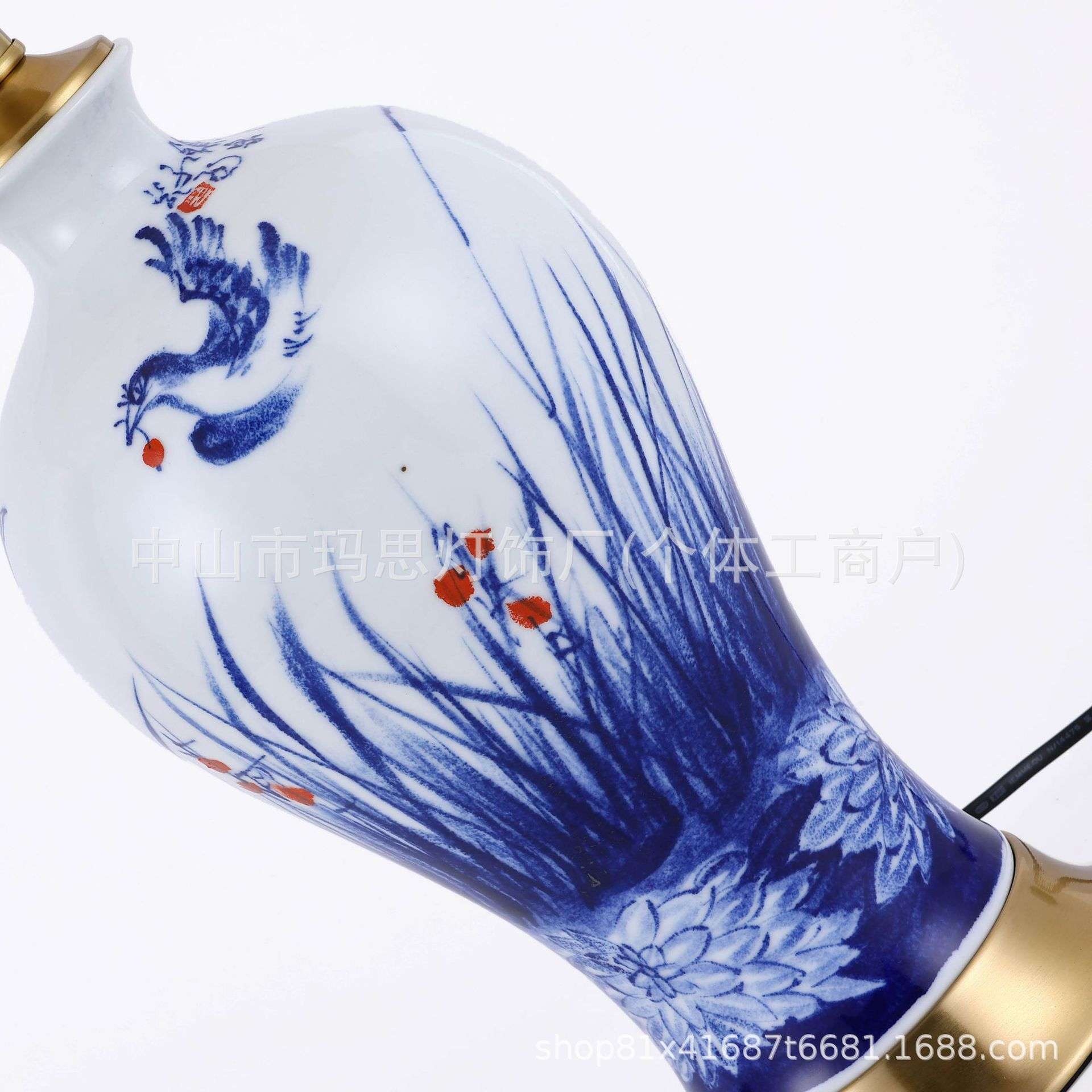 中式民宿花鸟陶瓷台灯创意夜灯卧室客厅艺术复古工程陶瓷花瓶灯