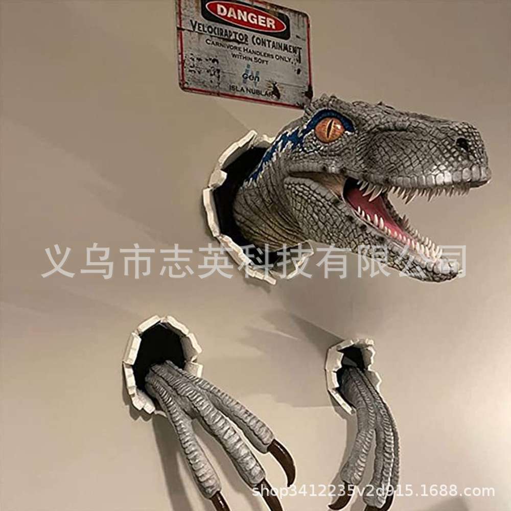 热卖恐龙摆件迅猛龙套装墙壁破裂树脂挂件艺术装饰道具墙面装饰