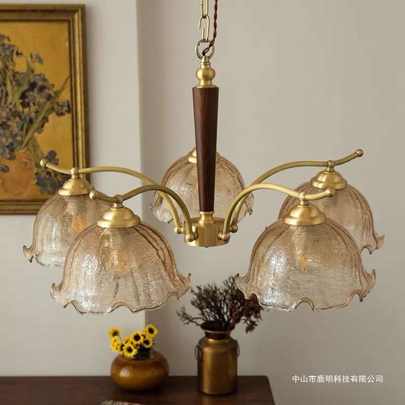 美式复古南洋风吊灯中古胡桃木铃兰花款温馨卧室灯怀旧餐厅吊灯具