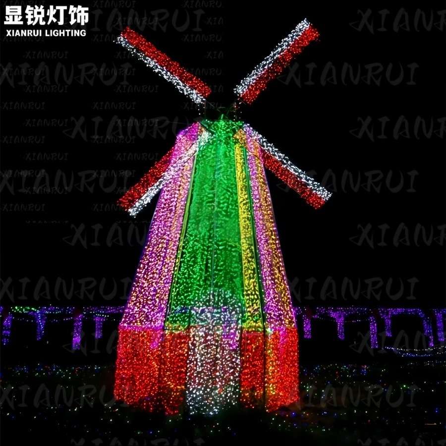 户外铁艺仿真风车造型装饰灯农场风车灯XMAS图案立体发光铁架灯