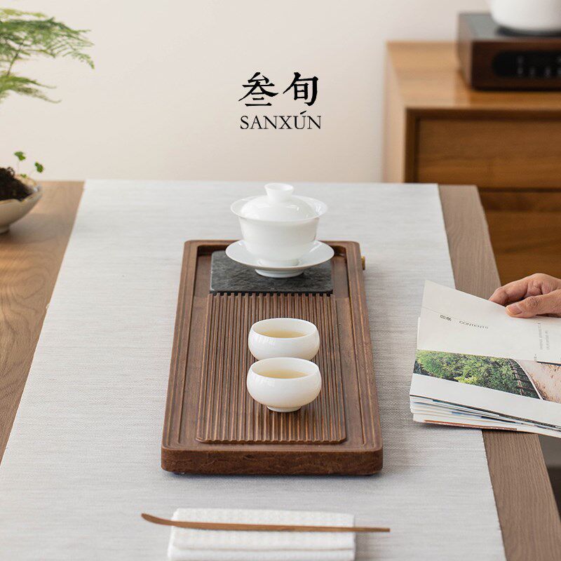 叁旬创意实木茶盘家用排水式干泡小茶台功夫茶具高端石茶海茶托盘